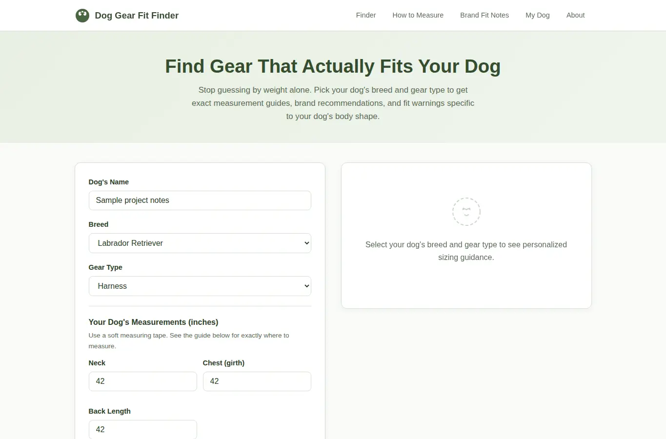 Screenshot of Dog Gear Fit Finder interface showing the project page in use